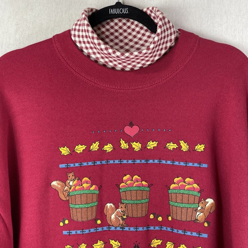Vintage Sweatshirt Womens XL Red Fall Squirrels Apple Picking Autumn Grandmacore - Picture 3 of 9